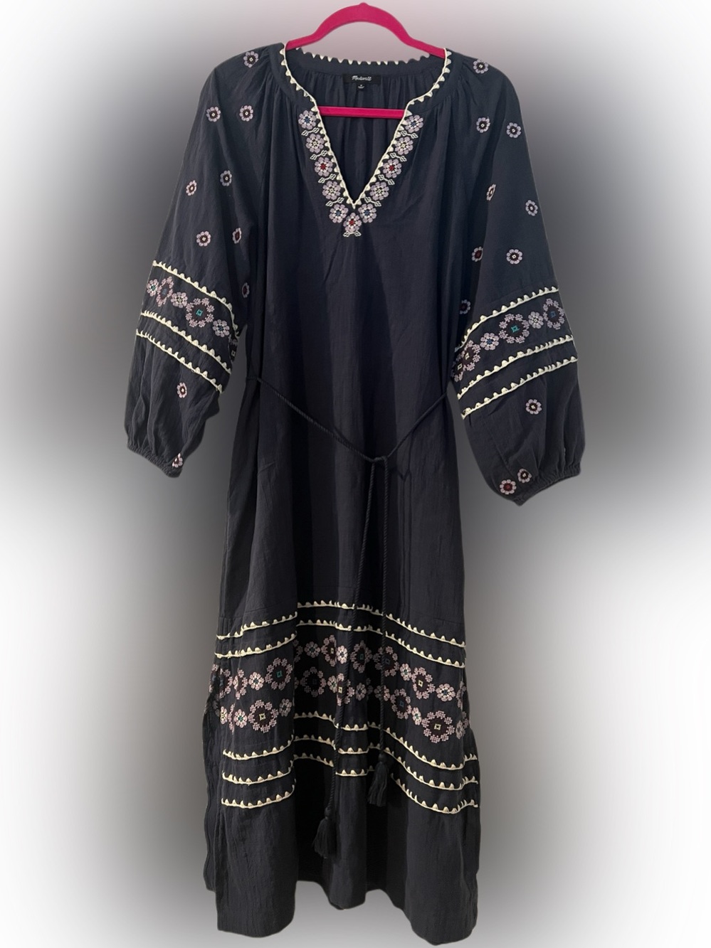 Madewell Embroidered Midi Dress Boho Navy Tassel Tie Medium